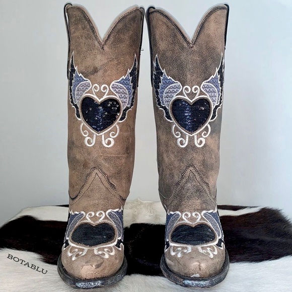 SOLD CORRAL Boots Sequin Heart Wings Mid Calf Snip Toe Cowgirl Cowboy Boot 6.5 - Picture 6 of 11